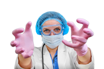 The terrifying look of a doctor with aggressively outstretched hands, isolated on a white background. A nurse in a white coat and protective mask stretches her hands to the patient, close-up