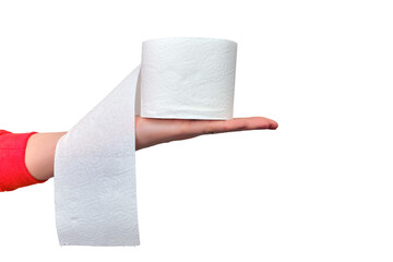 A young woman holds toilet paper in her hand, isolated on a white background
