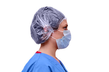 Woman doctor portrait in profile close-up, copy space for text, isolated on a white background. Woman nurse in a medical mask, the concept of resistance to the coronavirus epidemic
