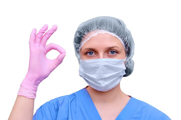 Woman doctor in blue uniform shows ok sign, concept on , isolated on a white background. Portrait of a nurse woman, close up.