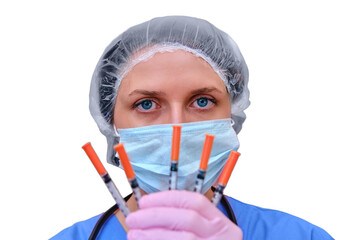 Doctor holds syringes in hands, concept, isolated on a white background. Young woman nurse in blue uniform with syringes for injection against flu virus