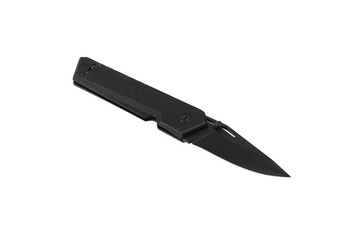 Pocket folding knife isolate on white back. Compact metal sharp knife with a folding blade.