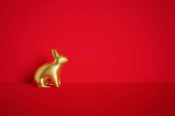 Gold Rabbit on a red background. Happy Chinese New Year. 3d illustration