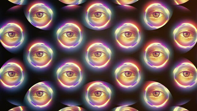 Glow Eyes Circles Growing Strange Motion Background. Hypnotic eye stares in glowing circles growing on a bizarre background. Motion background
