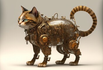 illustration of cute sci-fi steampunk cyborg cat look funny but adorable as well