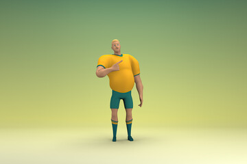 Fototapeta na wymiar An athlete wearing a yellow shirt and green pants is expression of hand when talking. 3d rendering of cartoon character in acting.