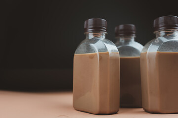 Iced coffee Mocha in a bottle. Take away drink concept