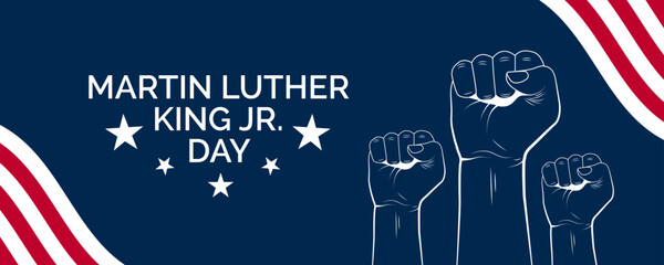 Martin Luther King Jr. Day text with raised fist Illustration. Mlk day january. MLK holiday. For banners, flyers, stickers, cards, websites, blogs, videos, social media posts. - obrazy, fototapety, plakaty