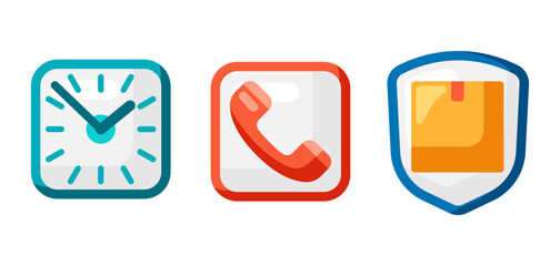 Illustration of time, contact and cargo insurance icons. Delivery of goods by order in store.