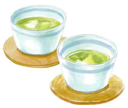 緑茶の入ったふたつの湯呑みの水彩イラスト