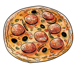 Salami pizza watercolor painting hand drawing outline illustration
