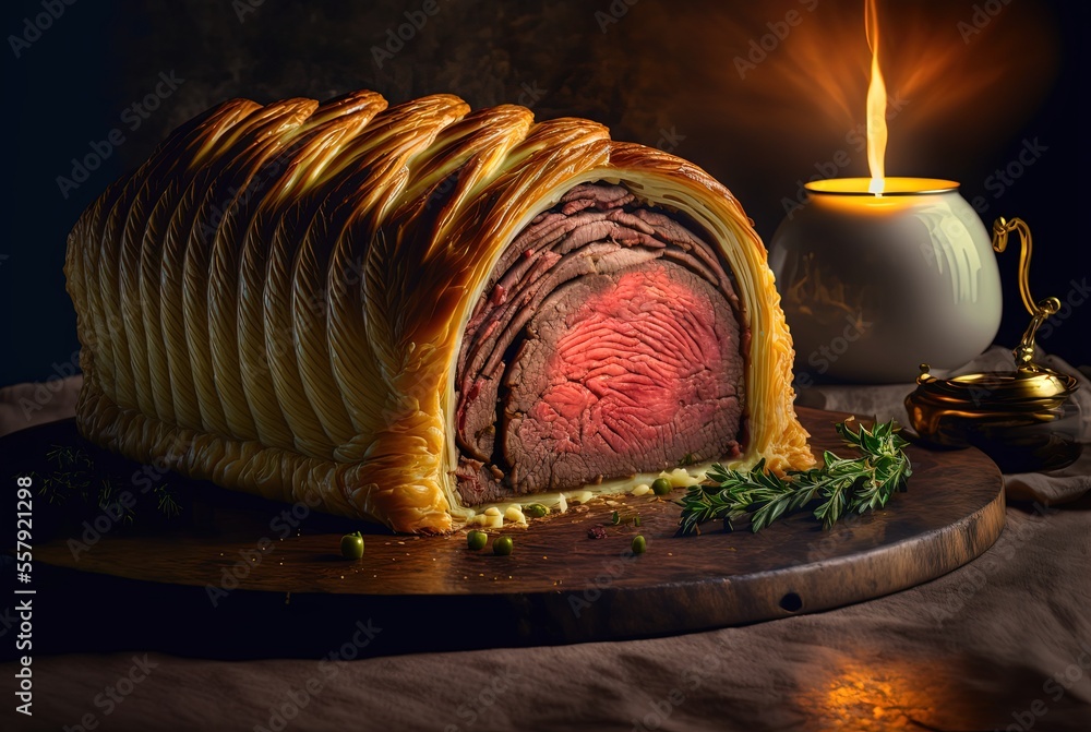 Wall mural illustration of close-up beef wellington hot with flame as background