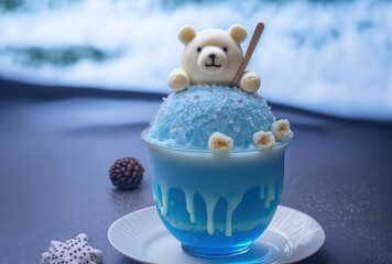 illustration of cute blueberry blue milkshake glass with white bear decoration 