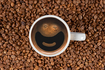 coffee cup standing on a floor of coffee beans, a smiling coffee cup