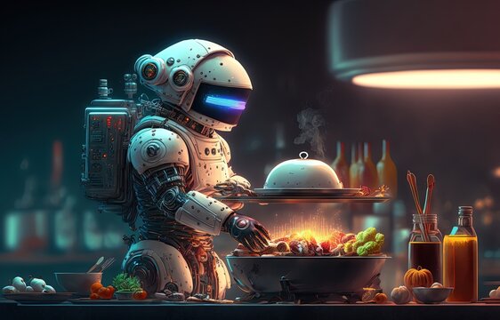 futuristic illustration of robot chef in cuisine is cooking a delicious dish for you