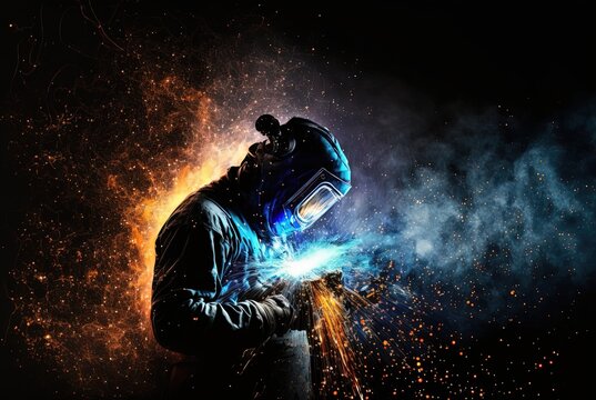 welder is welding metal , industry them bokeh and sparkle background, Generative Ai