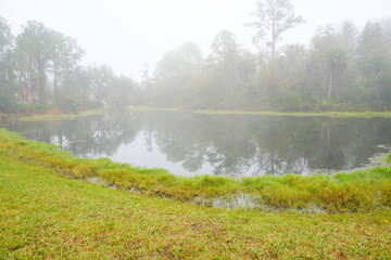 Fototapeta na wymiar The morning fog landscape in Florida community