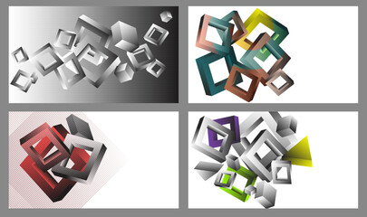 Volumetric geometric shapes. Set of 4 abstract vector backgrounds. Cover design for magazine, book, screensaver, banner.