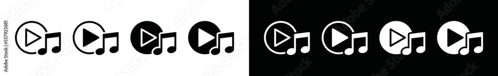 Poster play button with note music icon set. play music buttons sign. video or music audio player buttons i