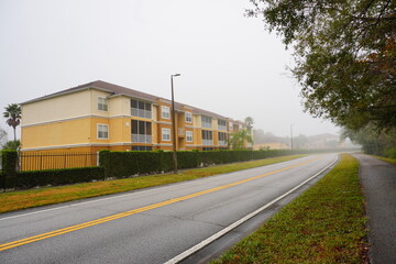 Fototapeta na wymiar The winter fog and colorful leaf landscape of New Tampa community in Florida