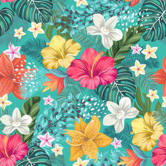 Fototapeta Hibiscus, plumeria, lily, orchid, blue jade flowers. Tropical theme seamless vector pattern with hand drawn illustration
 obraz