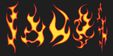 Popular and trending vector fire ornament objects 2023 for tshirts, long sleeves, hoodies, parkas, streetwear, apparel and pajamas. Hand drawing of cool vector fire.