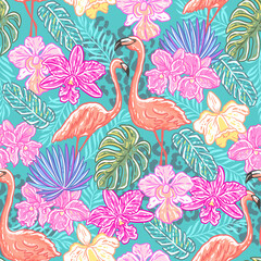 Fototapeta premium Blooming orchids with tropical leaves and flamingos. Seamless pattern with vector hand drawn illustrations 