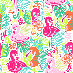 Bright flamingos in the tropics. Seamless vector pattern with hand drawn illustrations with birds and leaves
