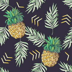 Vector seamless pattern with hand drawn pineapples and palm tree leaves illustration
