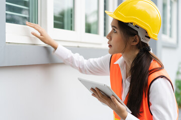 Builder inspection consultancy. Inspector checking material and structure in construction.