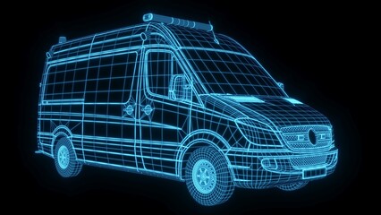 3d rendering illustration Ambulance car blueprint glowing neon hologram futuristic show technology security danger emergency for premium product business finance   © KengVit14