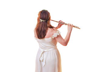 Female musician plays the flute near the glowing star, view from the back, isolated on a white...