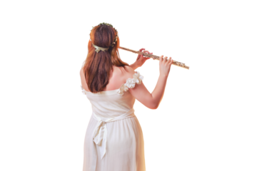 Female musician plays the flute near the glowing star, view from the back, isolated on a white background