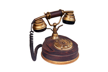 Vintage phone with a large dial, close-up, isolated on a white background