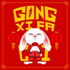 Happy chinese new year 2023 Year of the rabbit.
Cute white rabbit holding chinese ang pao.
Luck is coming
