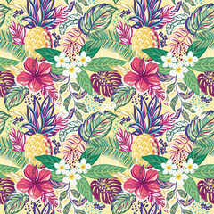 Tropical foliage, flowers and fruits, seamless pattern with hand drawn illustrations with jungle theme
