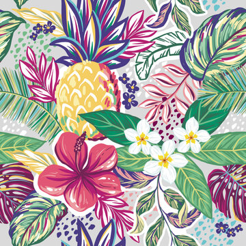 Hand drawn illustrations with tropical flowers, fruits, plants. Seamless pattern with vector art with jungle theme
