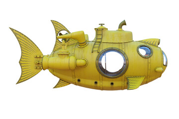 Yellow steampunk style submarine. 3D illustration isolated.