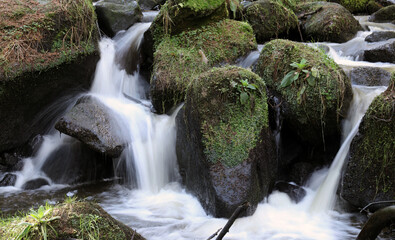 Closeup of a brook flowing over large stones, Wyming Brook Sheffield South Yorkshire England
