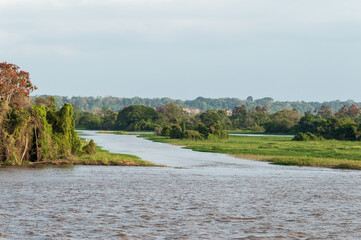 Tropical water landscape of the Rio Amazonas in Brazil seen from a cruise ship during a trip from Manaus to Belem