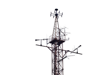 Retro antenna in the haze on the background of houses, isolated on a white background. Old grunge...