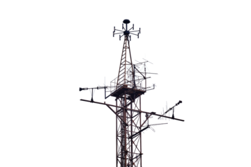 Retro antenna in the haze on the background of houses, isolated on a white background. Old grunge communication equipment construction on building background