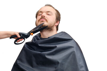 Wife cuts her husband's beard with large garden scissors, copy space, isolated on a white background. Concept of self-cutting and shaving during the flu epidemic