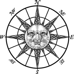 A compass rose with a sun face, drawing in a vintage etching woodcut style. © Christos Georghiou