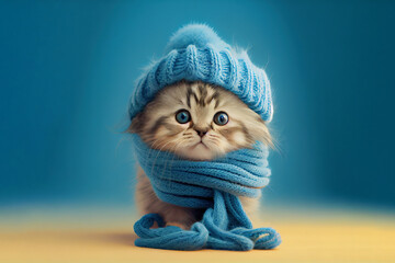 Cute kitten wearing a scarf and warm hat. Generative Ai - obrazy, fototapety, plakaty
