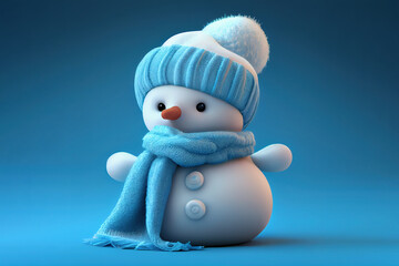 Little cute joyful snowman in a scarf and a hat over blue background. Generative Ai