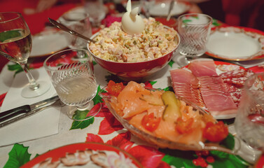 Traditional Russian New Year's table. Salads and cold cuts.