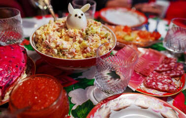 Traditional Russian New Year's table. Salads and cold cuts.