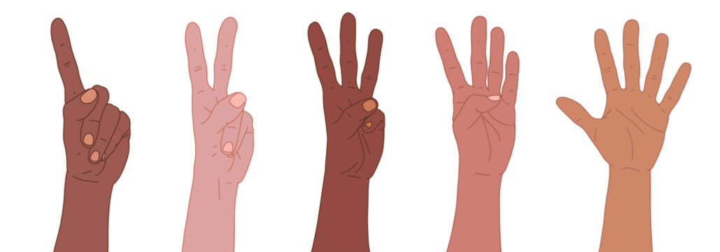 Set of different skin color hands. Counting from one to five with your hands. Finger-counting. Body language. Communication gestures concept. Number 1, 2, 3, 4, 5 with hand sign