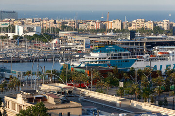 Fototapeta na wymiar Barcelona ferry boat harbour and buildings